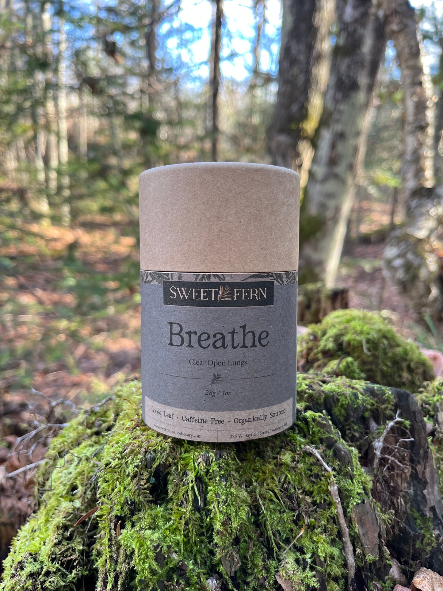 Breathe herbal Tea on a mossy stump in the forest
