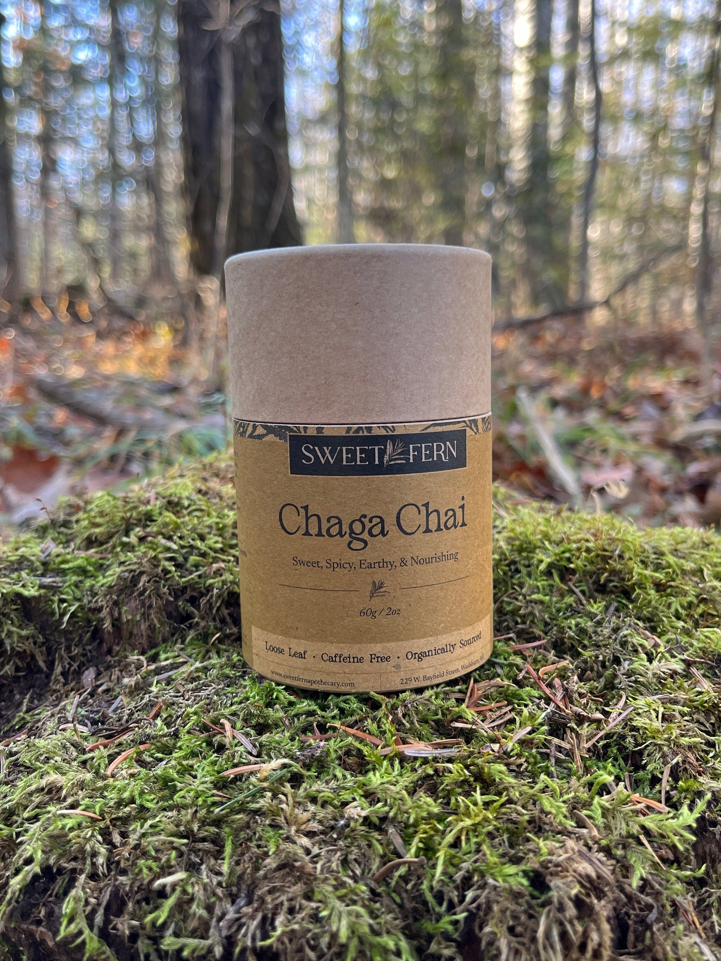 Chaga Chai Container on a mossy stump
