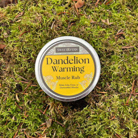 Tin of dandelion warming muscle rub on a mossy background