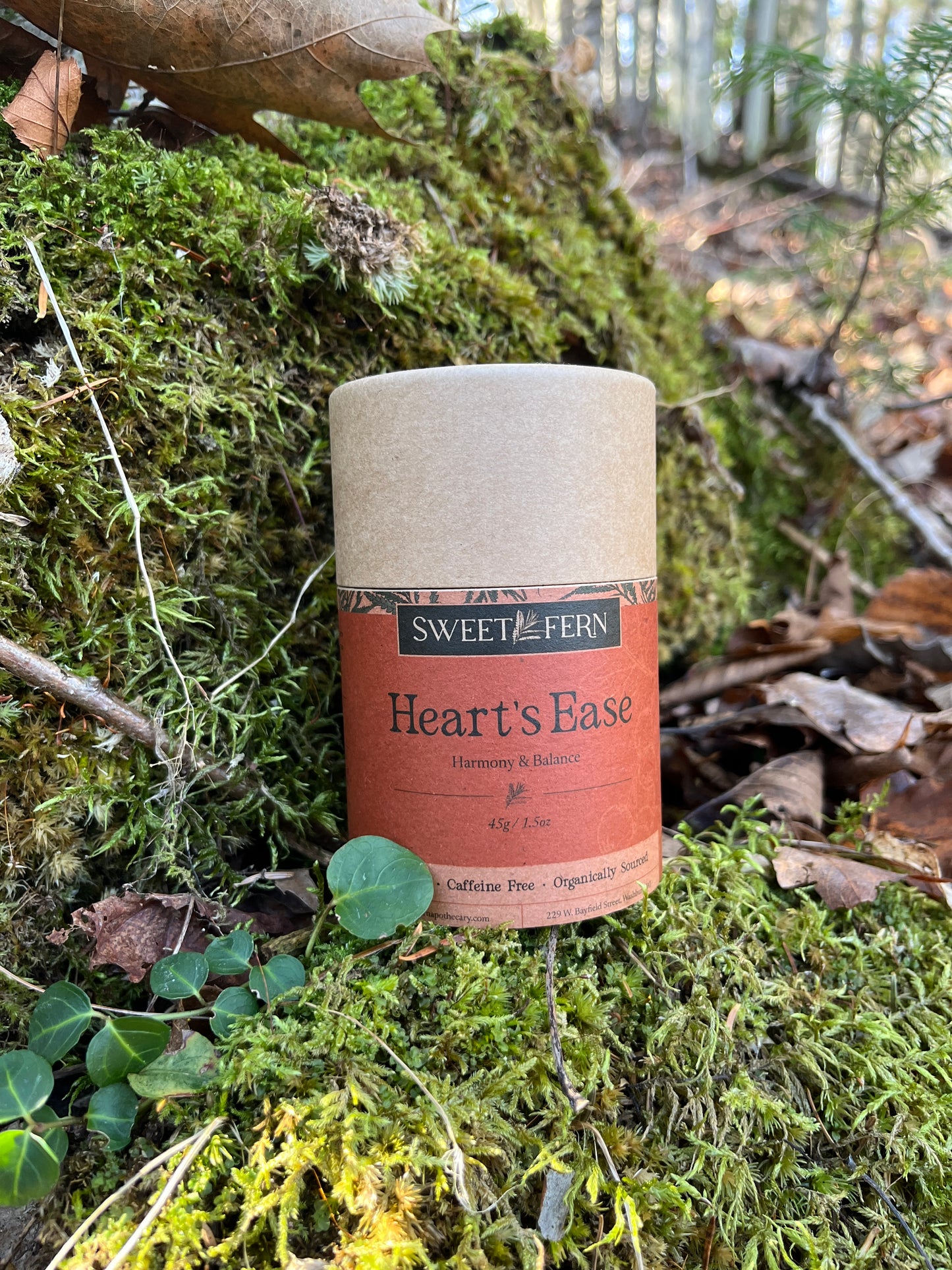 Hearts Ease tea sitting on a bed of moss